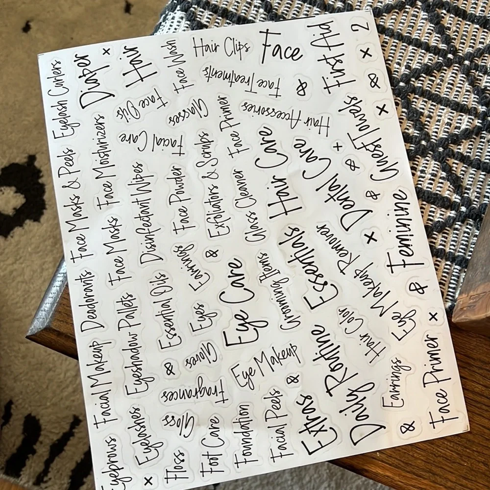 Organization, Beauty & Makeup Stickers / Cursive Bathroom Stickers